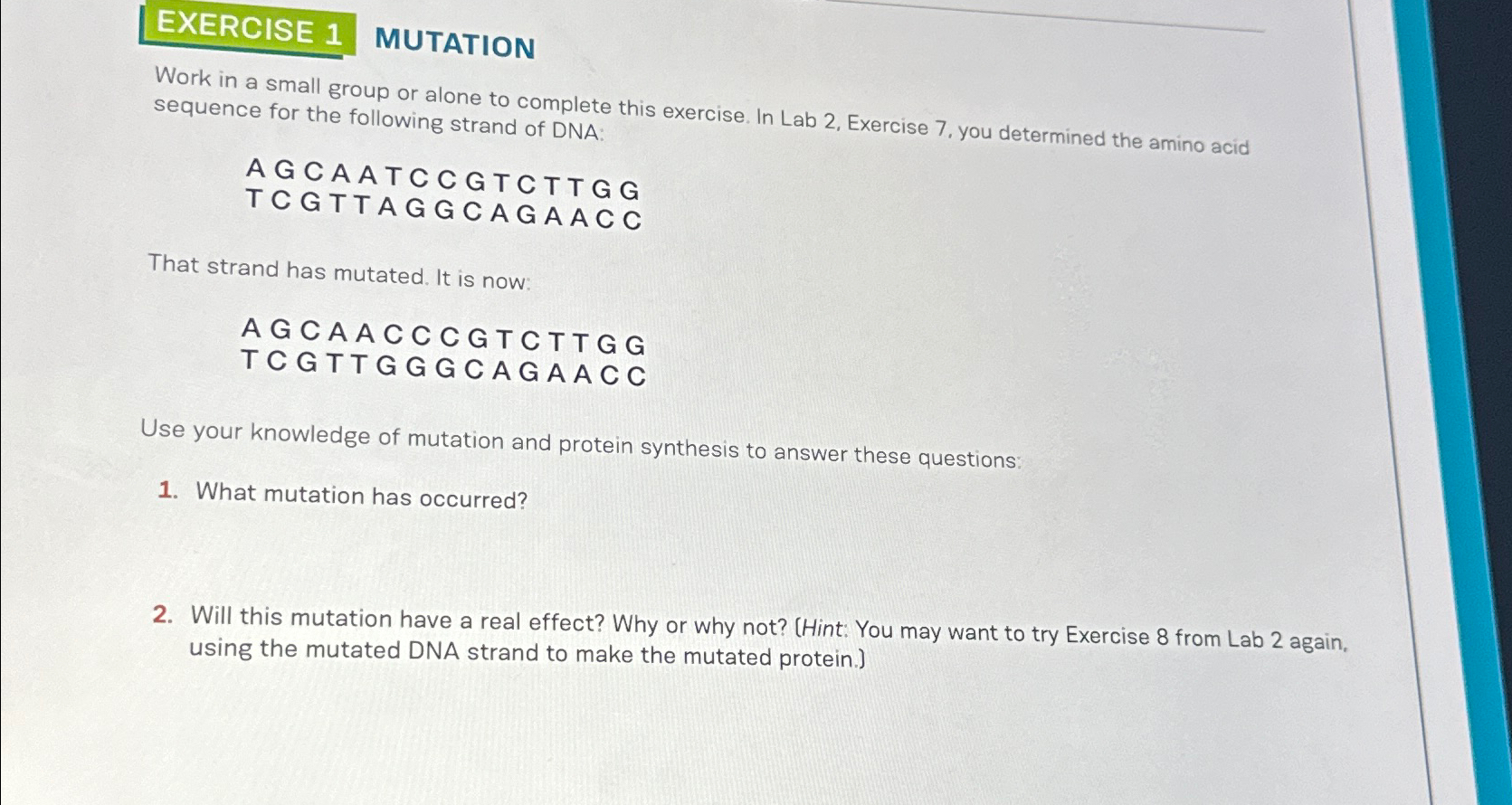 Solved EXERCISE 1 ﻿MUTATIONWork in a small group or alone to | Chegg.com
