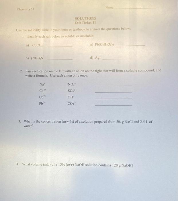 Solved Name Chemistry SOLUTIONS Exit Ticket 11 Use the | Chegg.com
