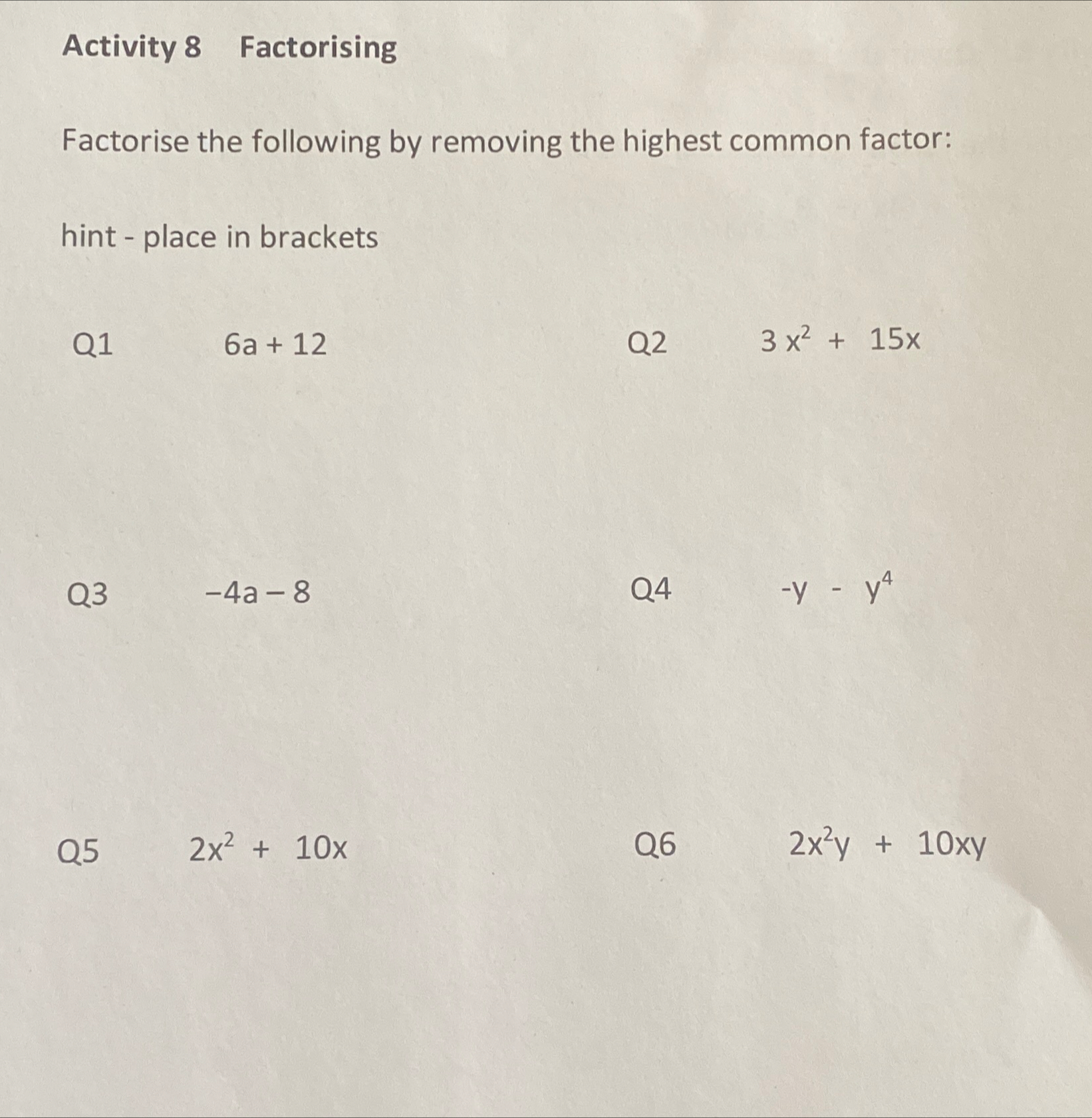 Solved Activity 8 ﻿FactorisingFactorise the following by | Chegg.com