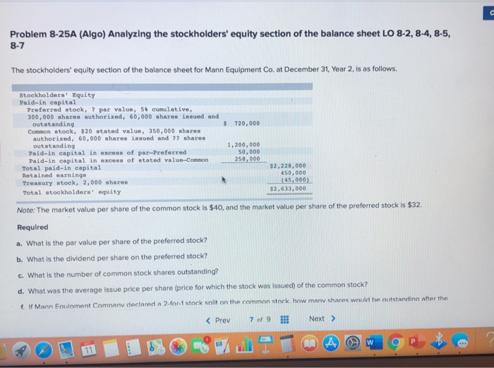 Solved C Problem 8-25A (Algo) Analyzing The Stockholders' | Chegg.com