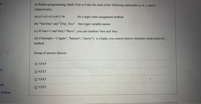 Solved In Python programming. Mark True or False for each of | Chegg.com