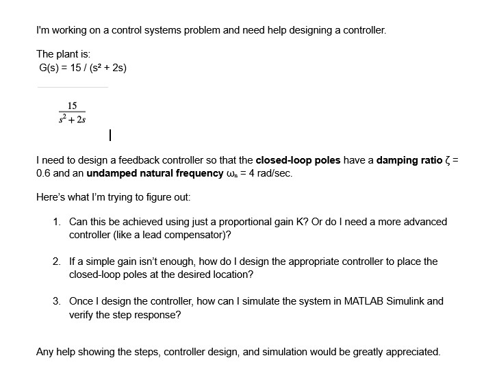Solved I'm working on a control systems problem and need | Chegg.com