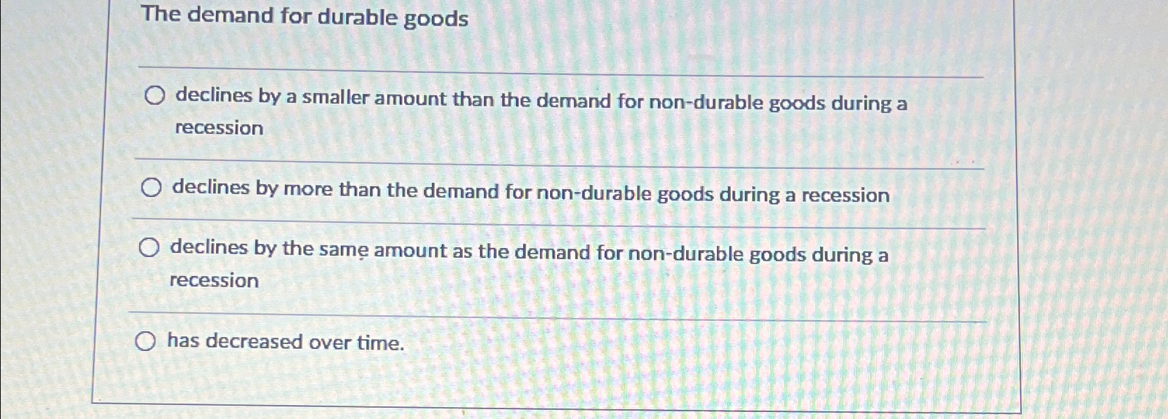 Solved The demand for durable goodsdeclines by a smaller | Chegg.com