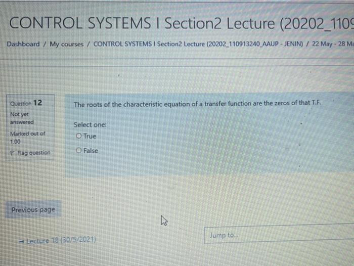Solved CONTROL SYSTEMS I Section2 Lecture (20202_1109 | Chegg.com