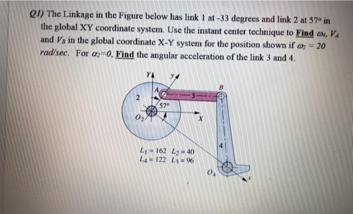 Solved 01) The Linkage in the Figure below has link 1 at -33 | Chegg.com