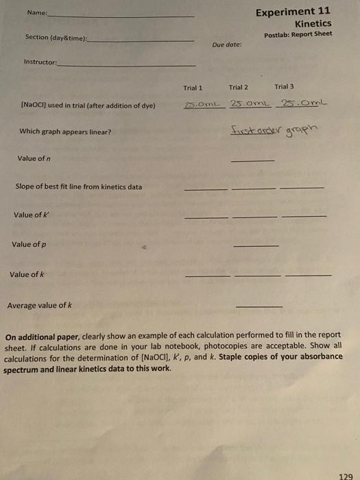 Name: Experiment 11 Kinetics Postlab: Report Sheet | Chegg.com