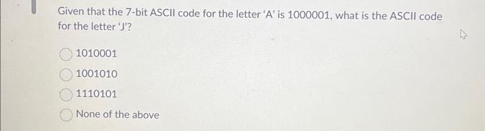 Solved Given that the 7-bit ASCII code for the letter ' A ' | Chegg.com