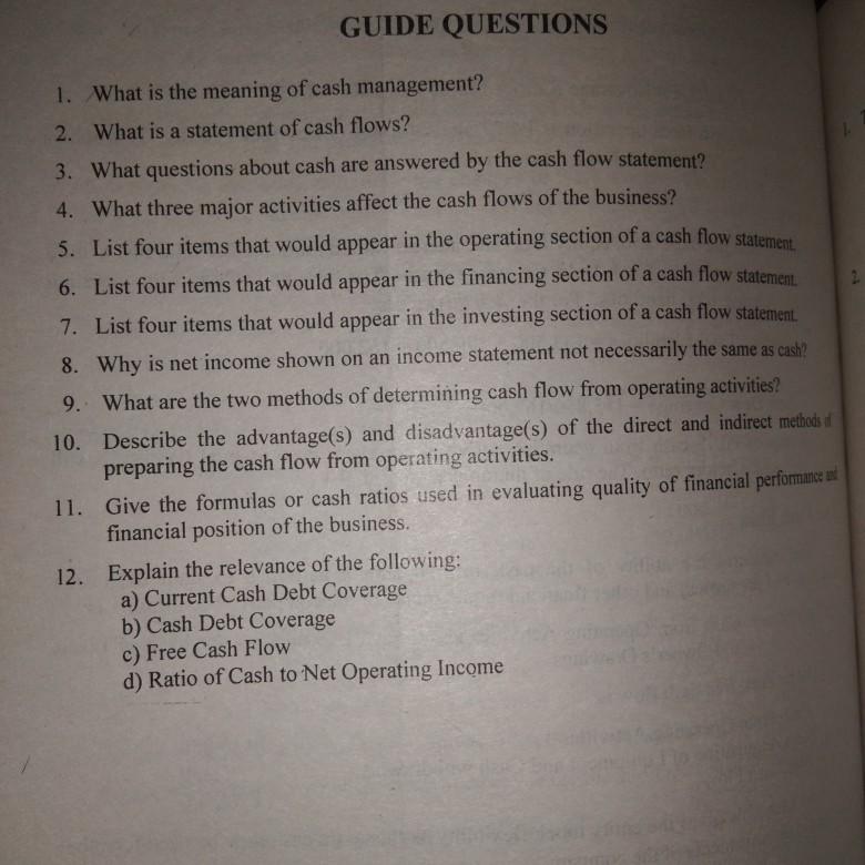 Solved GUIDE QUESTIONS 1. What is the meaning of cash | Chegg.com