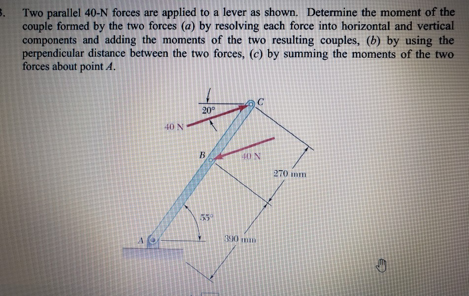 Solved 3. Two parallel 40-N forces are applied to a lever as | Chegg.com