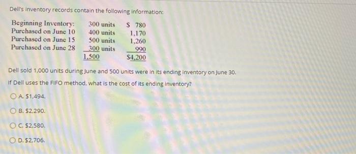 Solved Dell's inventory records contain the following | Chegg.com