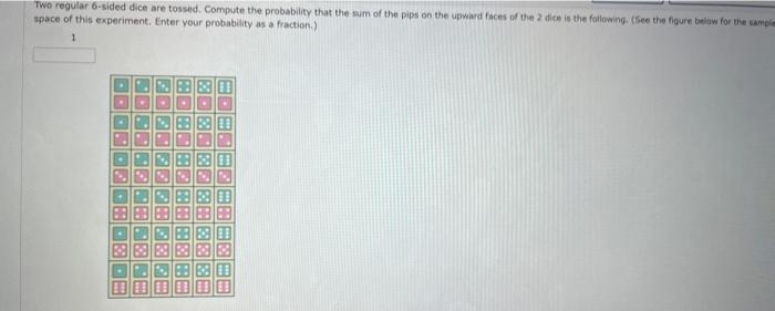 Two regular 6-sided dice are tossed. Compute the probability that the sum of the pips on the upward faces of the 2 dice is th