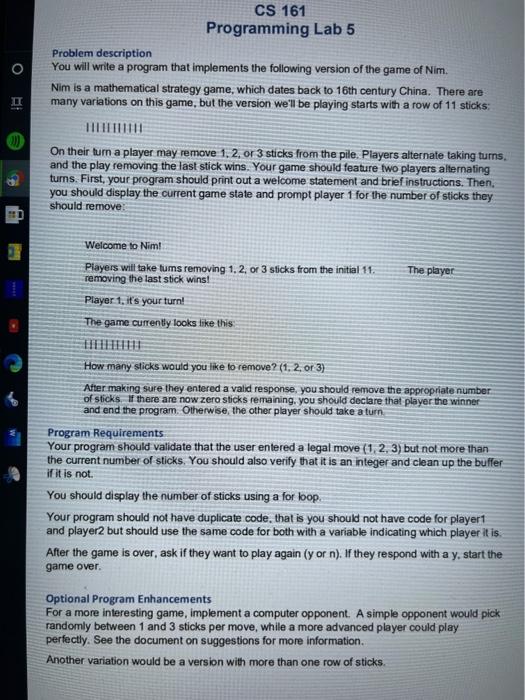 Solved CS 161C++ Suggestions for Nim program Nim is a more | Chegg.com