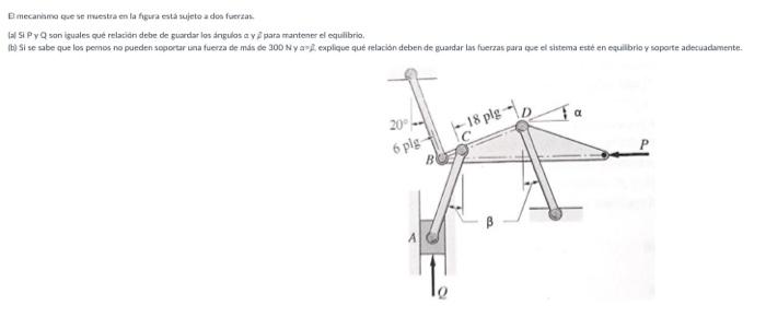 E mecanama que se muestra en la figura esta sujeto a dos fuerzak. (a) Si Py Q san iguales que relacion debe de guardar lon in