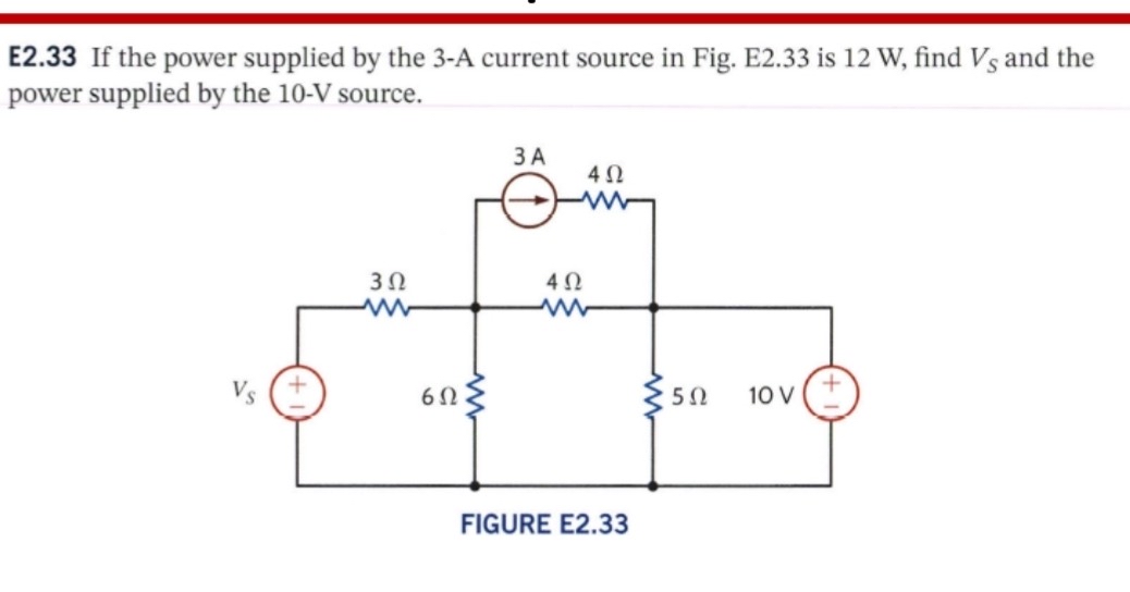 Solved E2.33 ﻿If the power supplied by the 3-A current | Chegg.com