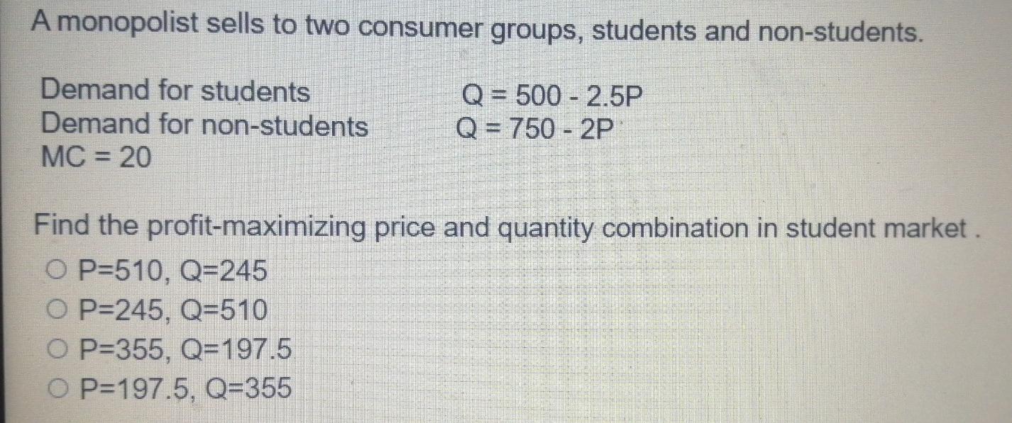 Solved A Monopolist Sells To Two Consumer Groups, Students | Chegg.com