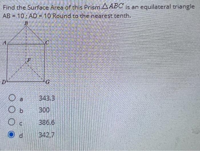Solved Find the Surface Area of this Prism. ABC is an | Chegg.com