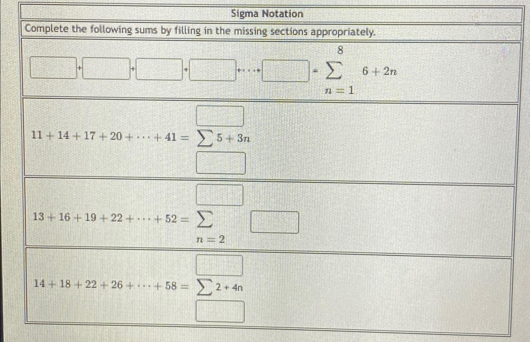 Solved \table[[Sigma Notation],[Complete the following sums | Chegg.com