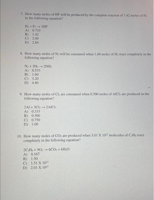 7. How many moles of HF will be produced by the complete reaction of \( 1.42 \) moles of \( \mathrm{H}_{2} \) in the followin