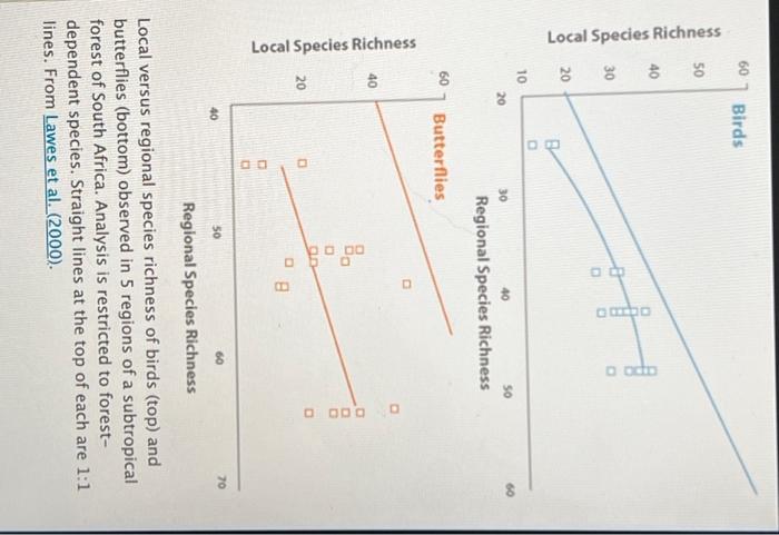 Local versus regional species richness of birds (top) and butterflies (bottom) observed in 5 regions of a subtropical forest 
