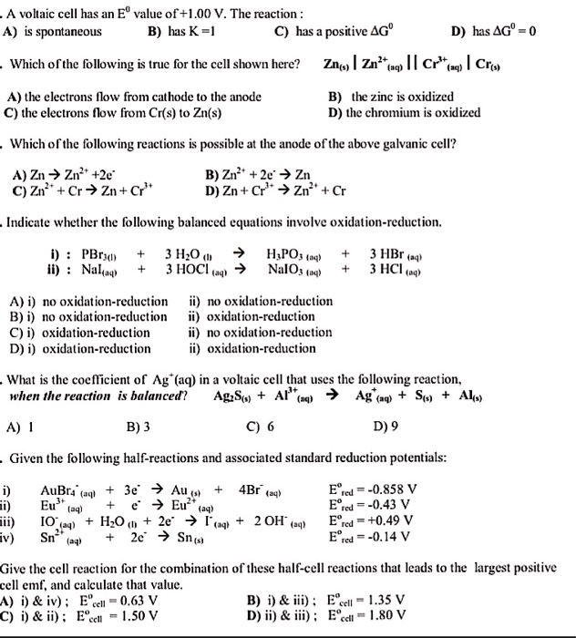 Solved A Voltaic Cell Has An Eº Value Of 1 00 V The R Chegg Com