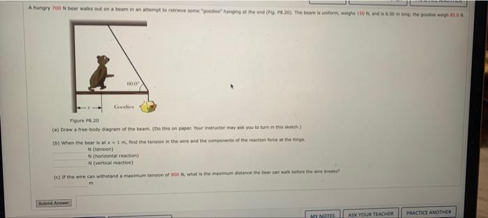 Solved A hungry 700 N bear walks out on a beam in an attempt | Chegg.com