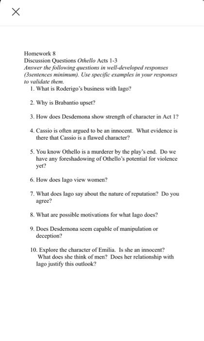 H Homework 8 Discussion Questions Othello Acts 1 3 Chegg 