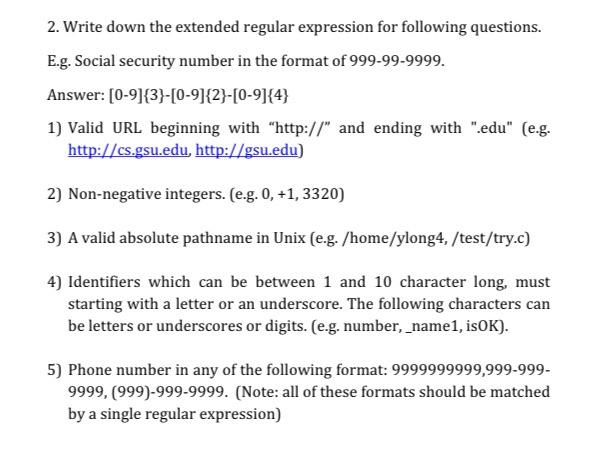 Solved 2. Write down the extended regular expression for | Chegg.com