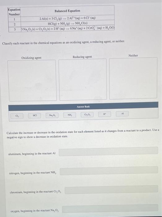 Classify each reactant in the chemical equations as an oxidizing agent, a reducing agent, or neither.
Calculate the increase 