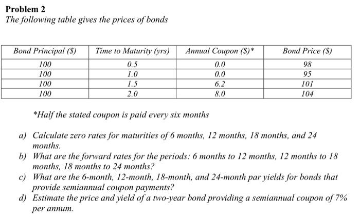 Solved Problem 2 The Following Table Gives The Prices Of | Chegg.com