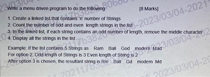 Solved Write a menu driven program to do the following: [8 | Chegg.com