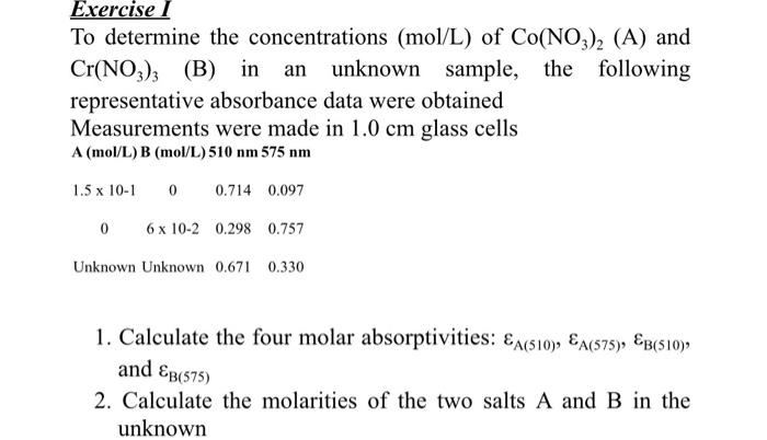 Solved Exercise I To Determine The Concentrations (mol/L) Of | Chegg.com