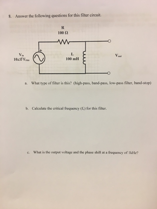 Solved 8. Answer the following questions for this filter | Chegg.com
