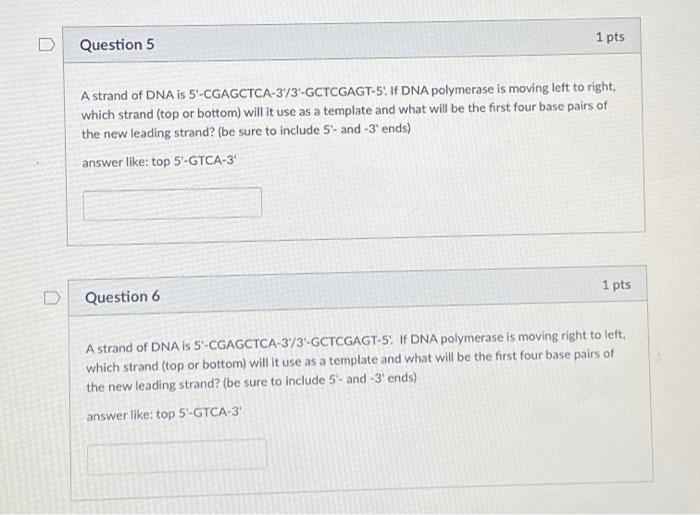Solved 1 pts Question 5 A strand of DNA is | Chegg.com