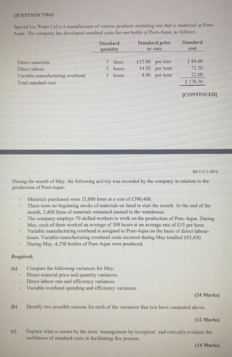 Solved QUESTION TWO Special Ice Water Ltd is a manufacturer | Chegg.com
