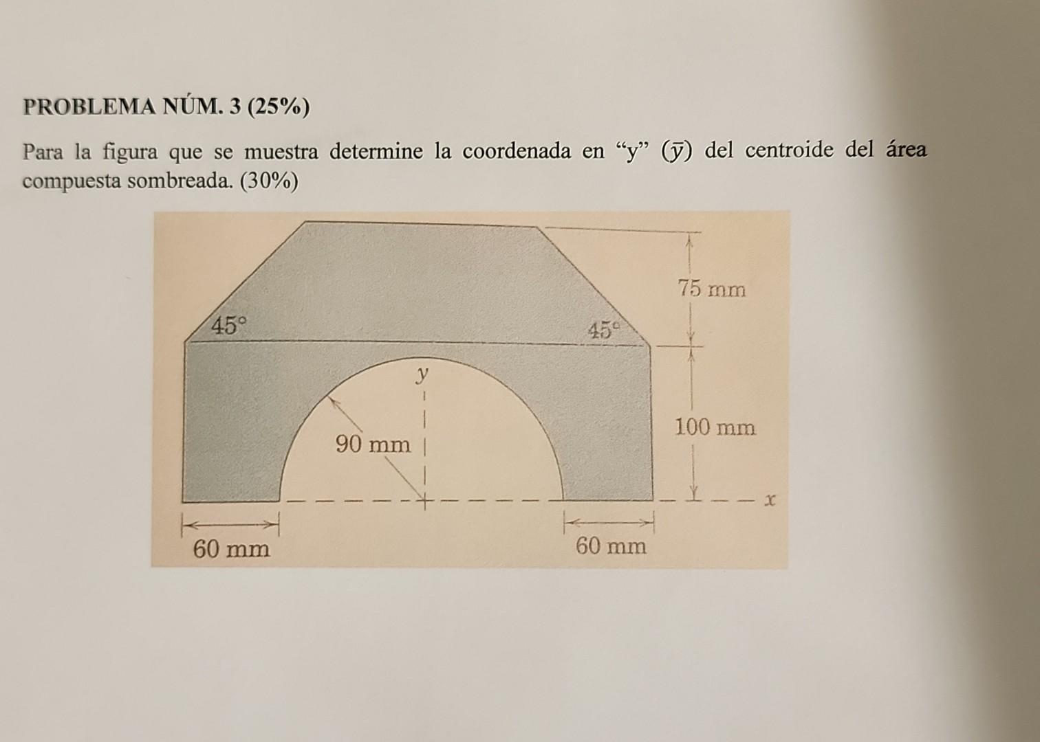 Para la figura que se muestra determine la coordenada en \( \mathrm{y} \) \( (\bar{y}) \) del centroide del área compuest