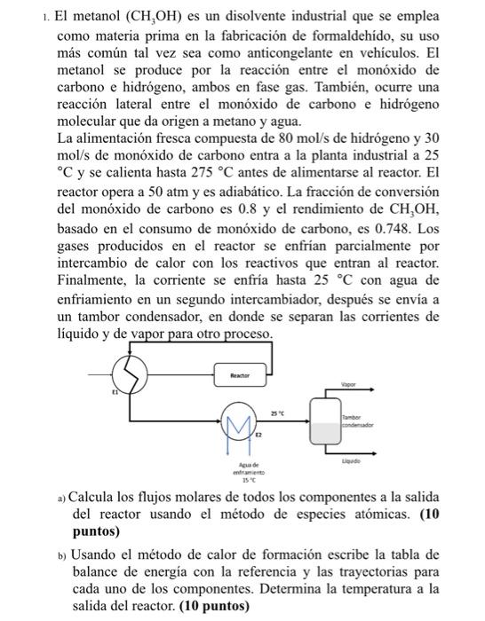 1. \( \mathrm{El} \) metanol \( \left(\mathrm{CH}_{3} \mathrm{OH}\right) \) es un disolvente industrial que se emplea como ma