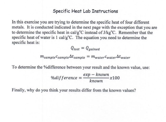 Specific Heat Lab Answer Key Solved Specific Heat Lab Instructions In this exercise you | Chegg.com
