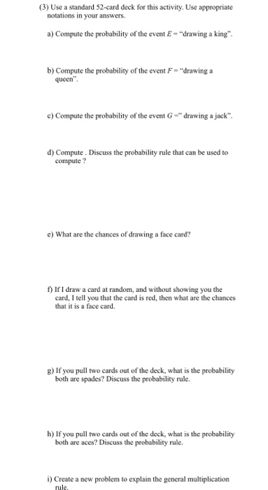 Solved (3) Use a standard 52-card deck for this activity. | Chegg.com