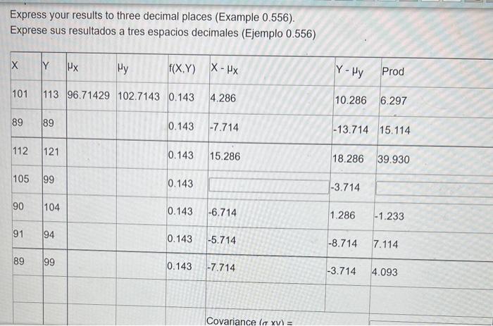 Express your results to three decimal places (Example 0.556). Exprese sus resultados a tres espacios decimales (Ejemplo \( 0.