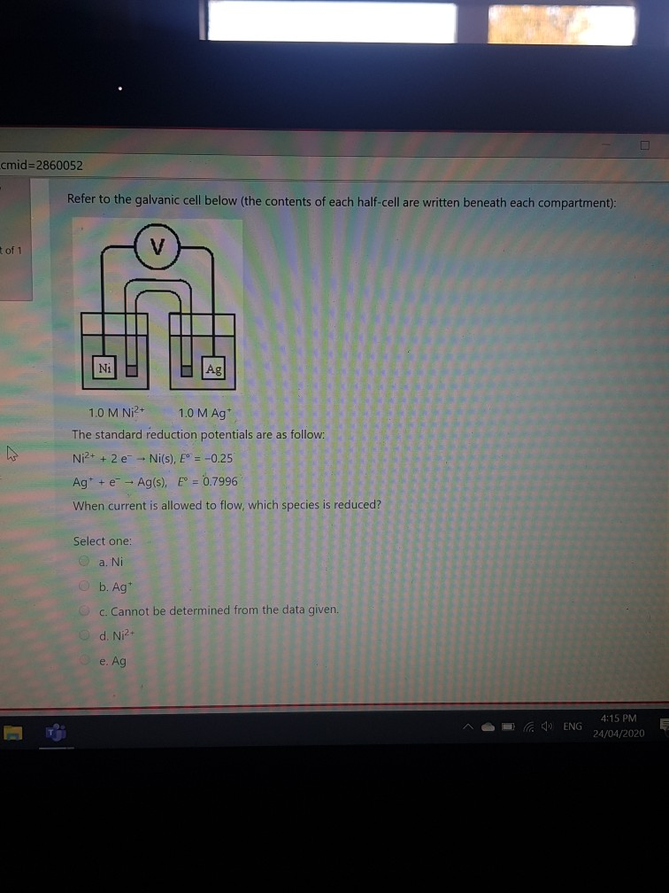 Solved cmid=2860052 Refer to the galvanic cell below (the | Chegg.com