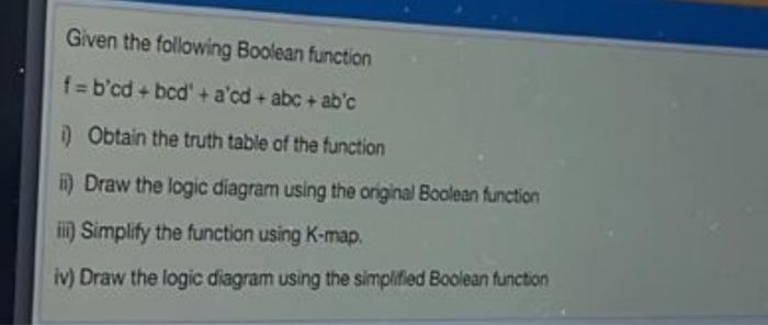 Solved Given the following Boolean function f=b'cd + bcd' + | Chegg.com