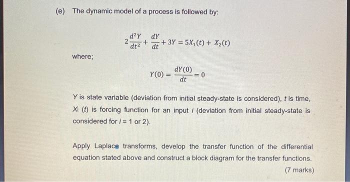 Solved (e) The dynamic model of a process is followed by: | Chegg.com