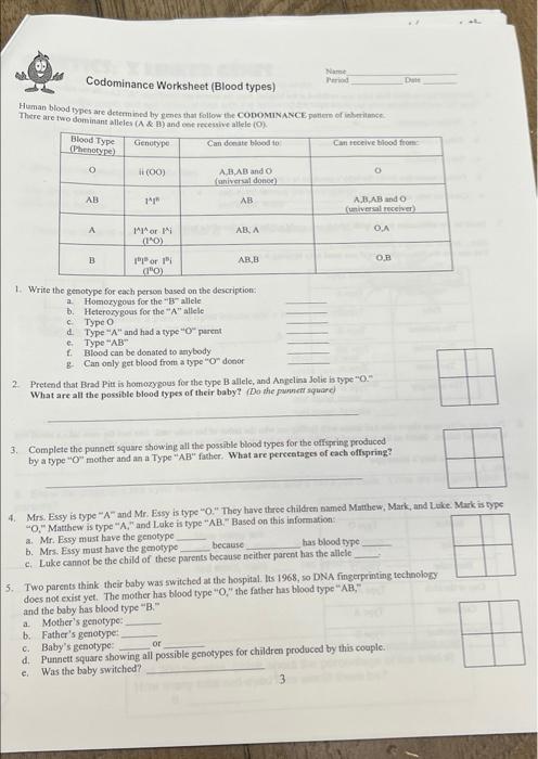 Solved Name Codominance Worksheet (Blood types) Period Date | Chegg.com