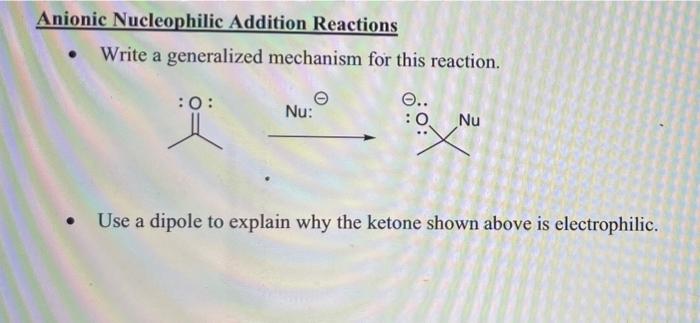 Anionic Nucleophilic Addition Reactions
Write a generalized mechanism for this reaction.
O..
:0:
Nu:
Nu
::x
Use a dipole to e