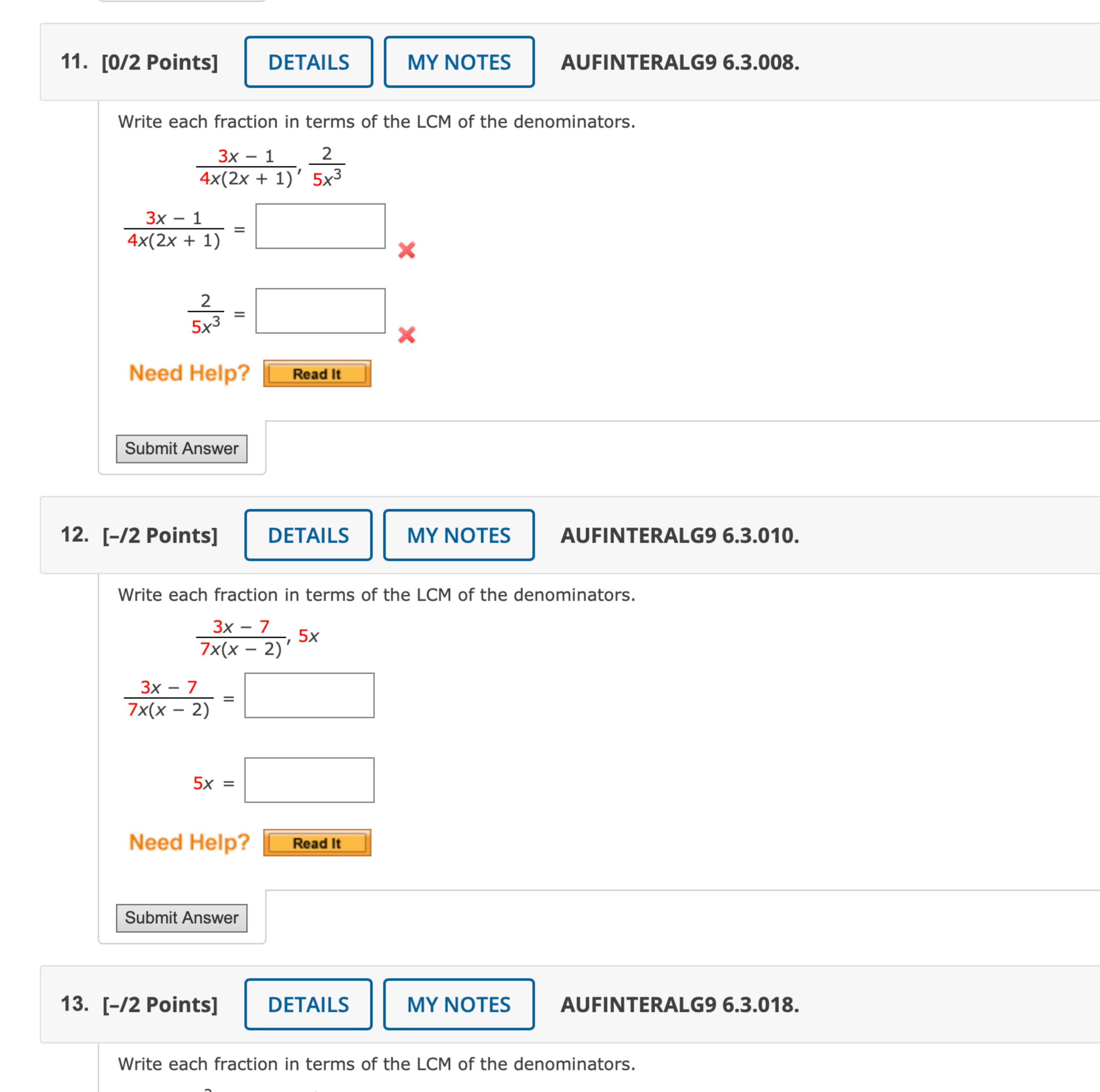 Solved [0/2 ﻿Points]AUFINTERALG9 6.3.008.Write each fraction | Chegg.com