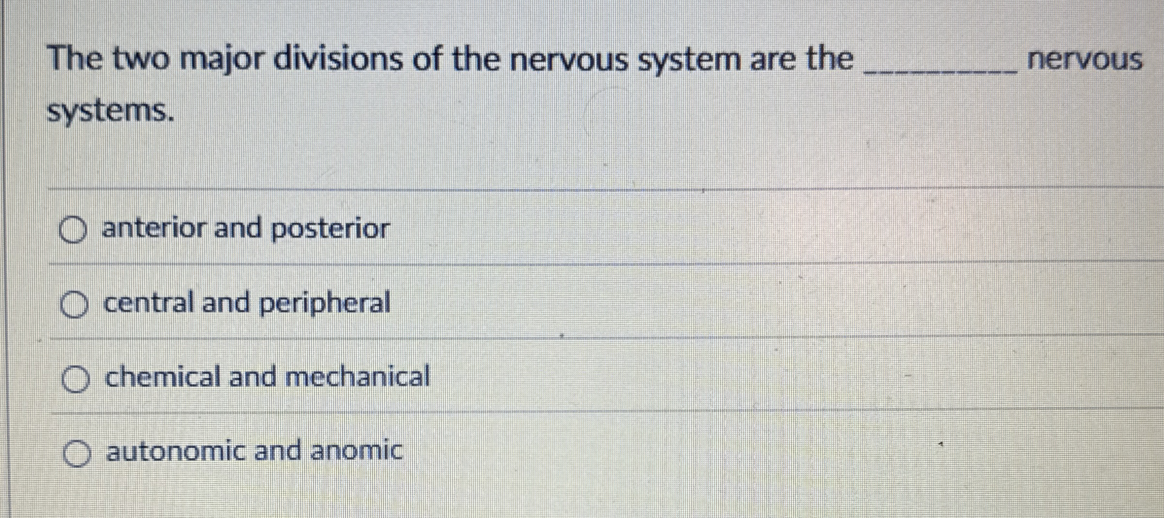 Solved The two major divisions of the nervous system are | Chegg.com
