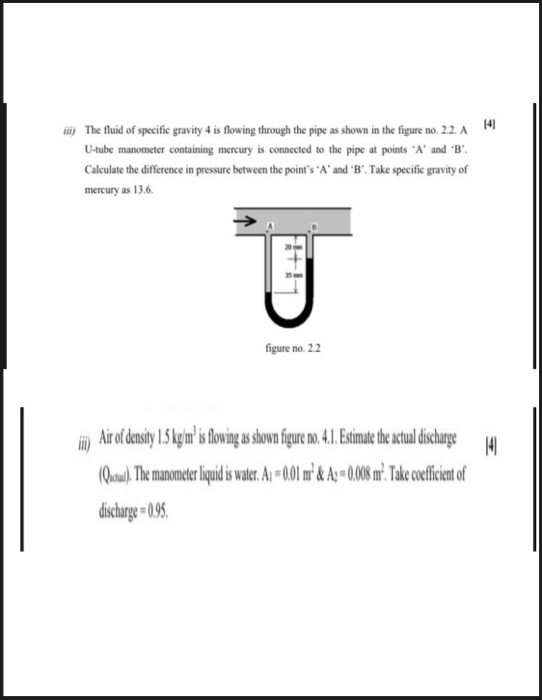 Solved iii) The fluid of specific gravity 4 is flowing | Chegg.com