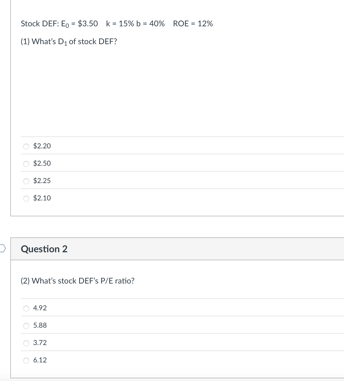 Solved Stock DEF: E_(0)=$3.50,k=15%b=40%, ﻿ROE =12% (1) | Chegg.com