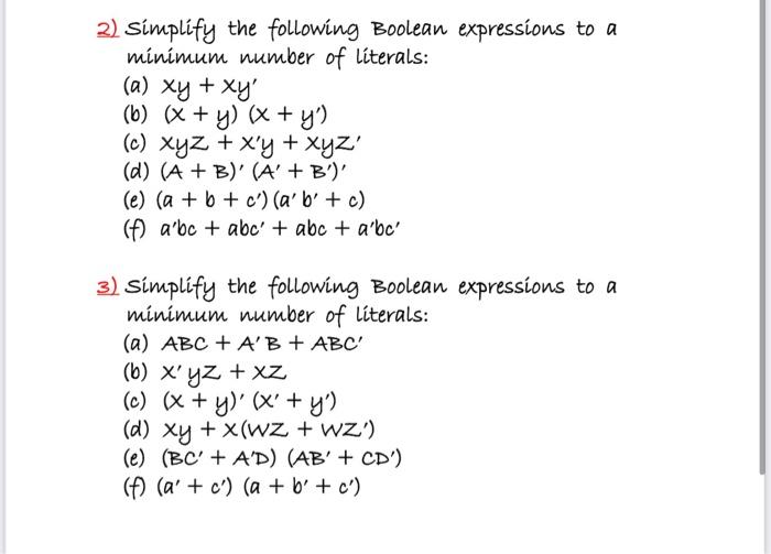 Solved 2 Simplify The Following Boolean Expressions To A