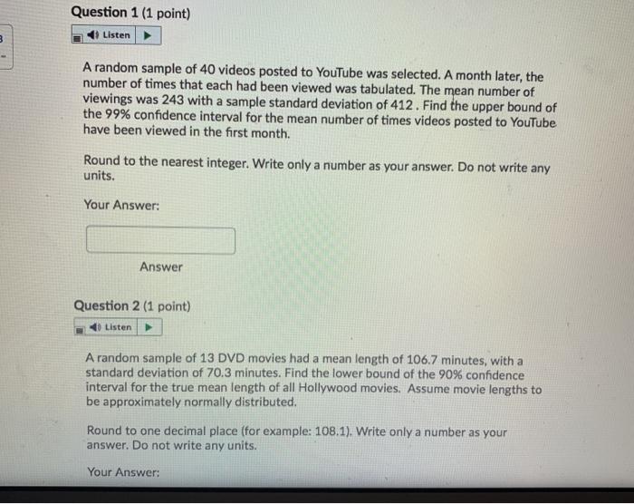 Solved Question 1 (1 point) Listen 3 A random sample of 40 | Chegg.com